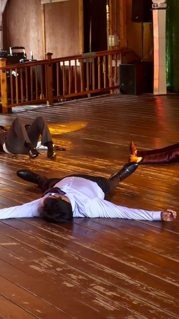 Dances taught on the floor. Everyone joining in.